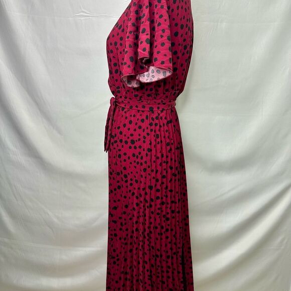 Dark Red Polka Dot Pleated Faux Wrap Dress Size L - Picture 8 of 13
